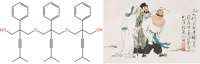 The head of each molecule in hands-holding ether is a benzene ring, the body is made up of alkyne-containing carbon chains, and the three molecules are linked together by ether bonds to form hand ether.